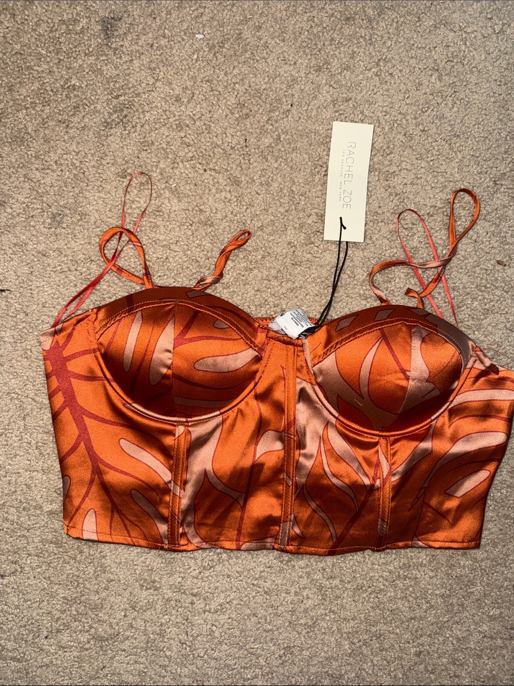 Rachel Zoe Rust and Copper Printed Satin Bustier Crop Top